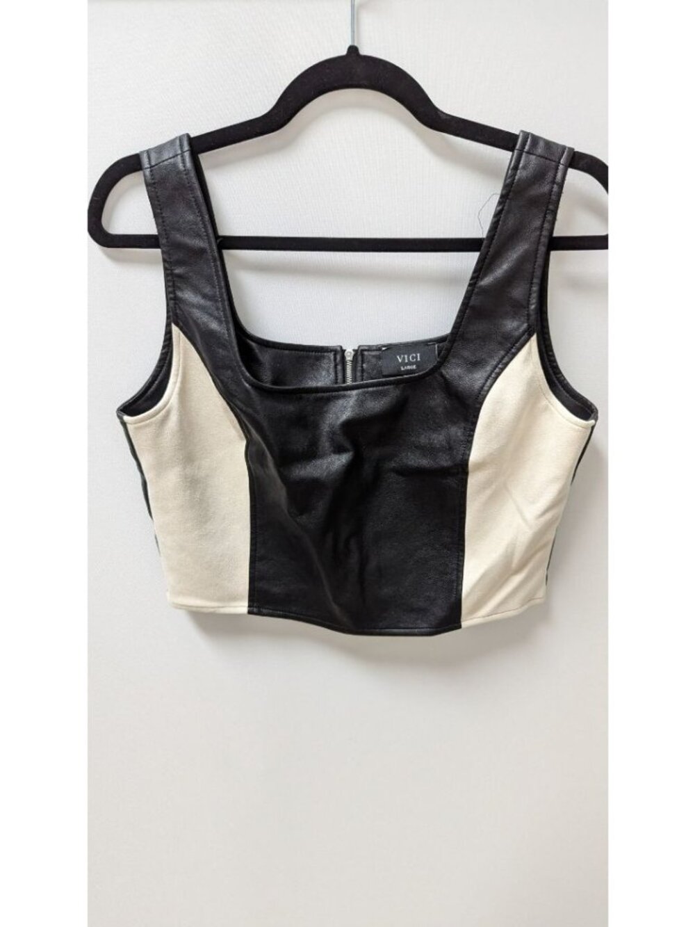 VICI Black/Cream Faux-Suede & Faux Leather Panel Crop Top